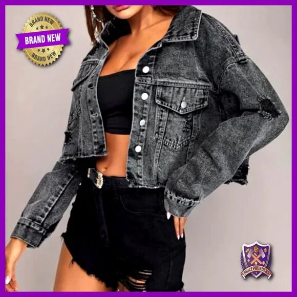 Cropped Denim Jacket Distressed Ripped Frayed Button Down Y2K Retro Chic - Picture 6 of 7